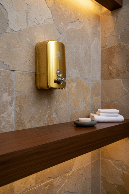 Delight Stainless Steel Dispenser Model 601 on natural stone wall in spa bathroom