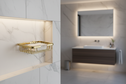 Elegant stainless steel soap dish in contemporary bathroom
