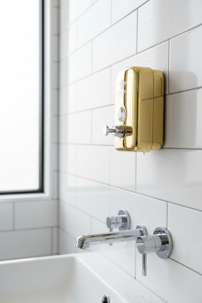 Delight Stainless Steel 304 Dispenser Model 601 on white ceramic tiles in bright bathroom