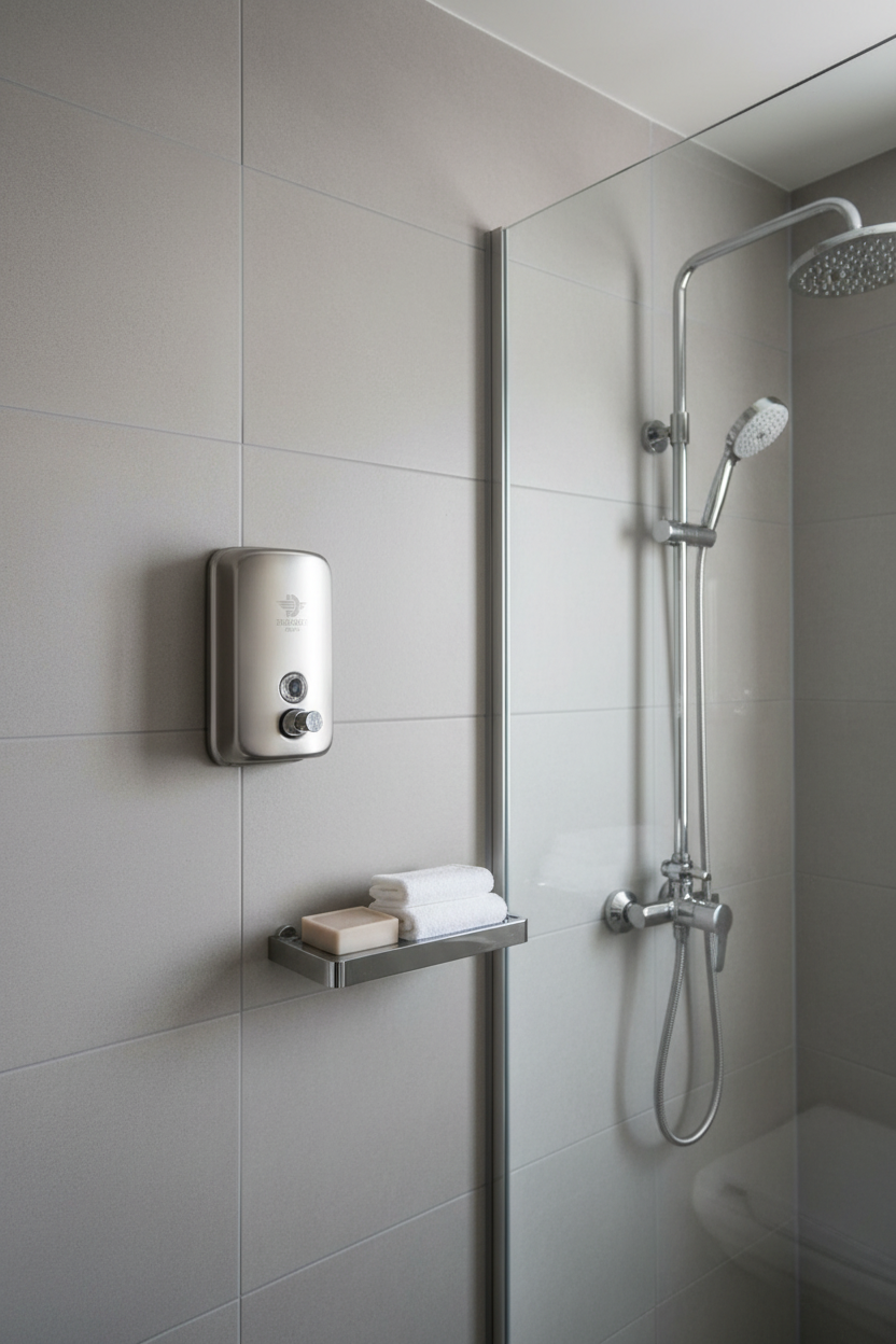Delight Model 601 Shampoo Dispenser on grey tiled wall in modern minimalist bathroom