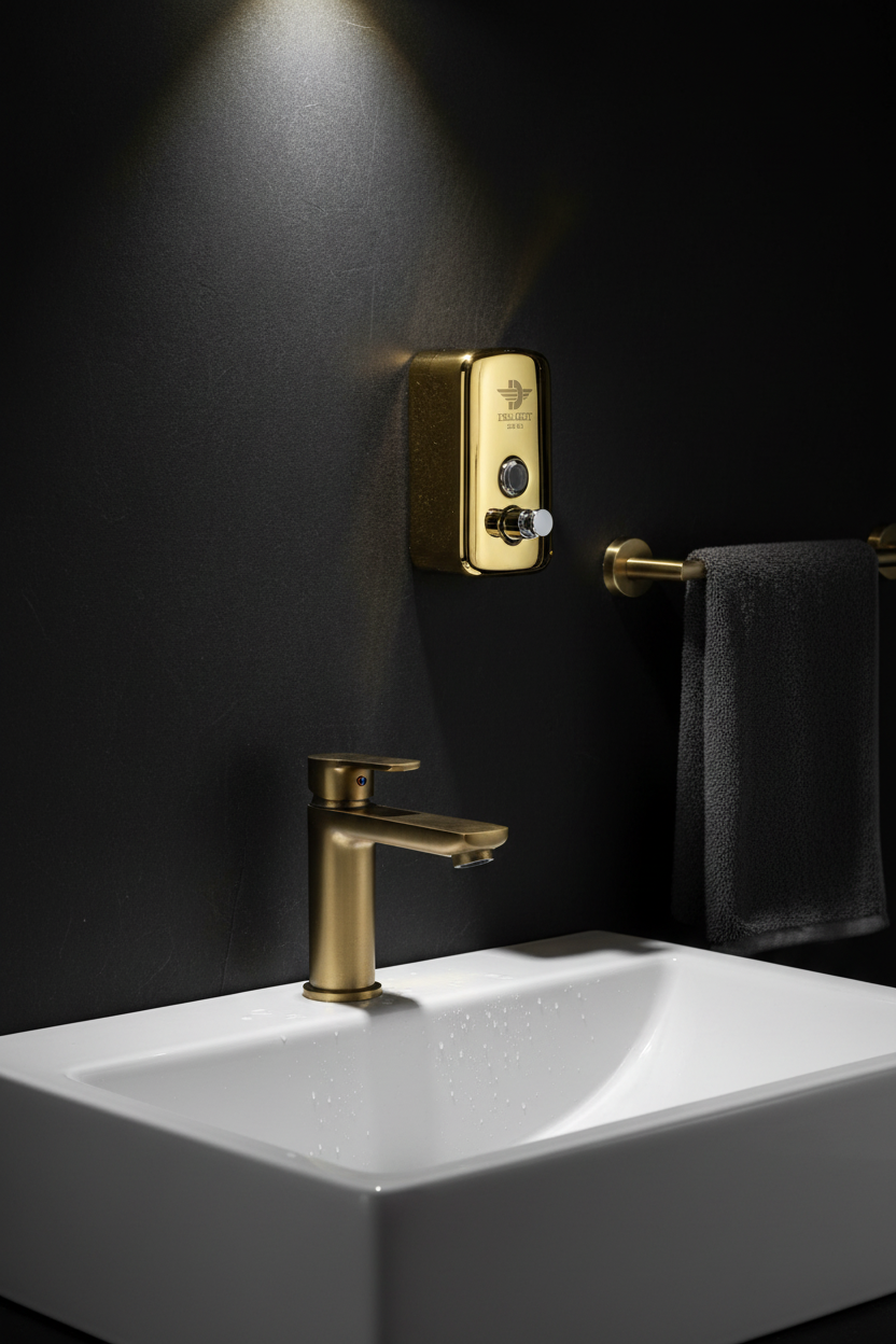 Delight Model 601 Luxury Shampoo Dispenser on black bathroom wall with gold fixtures