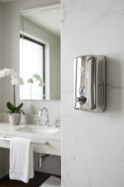 Delight Stainless Steel 304 Shampoo Dispenser Model 601 mounted on white marble bathroom wall in luxury hotel setting